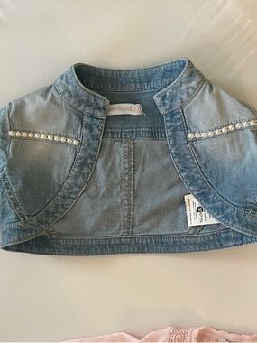 Girls Light Blue Denim Cropped Jacket with Pearl Accent